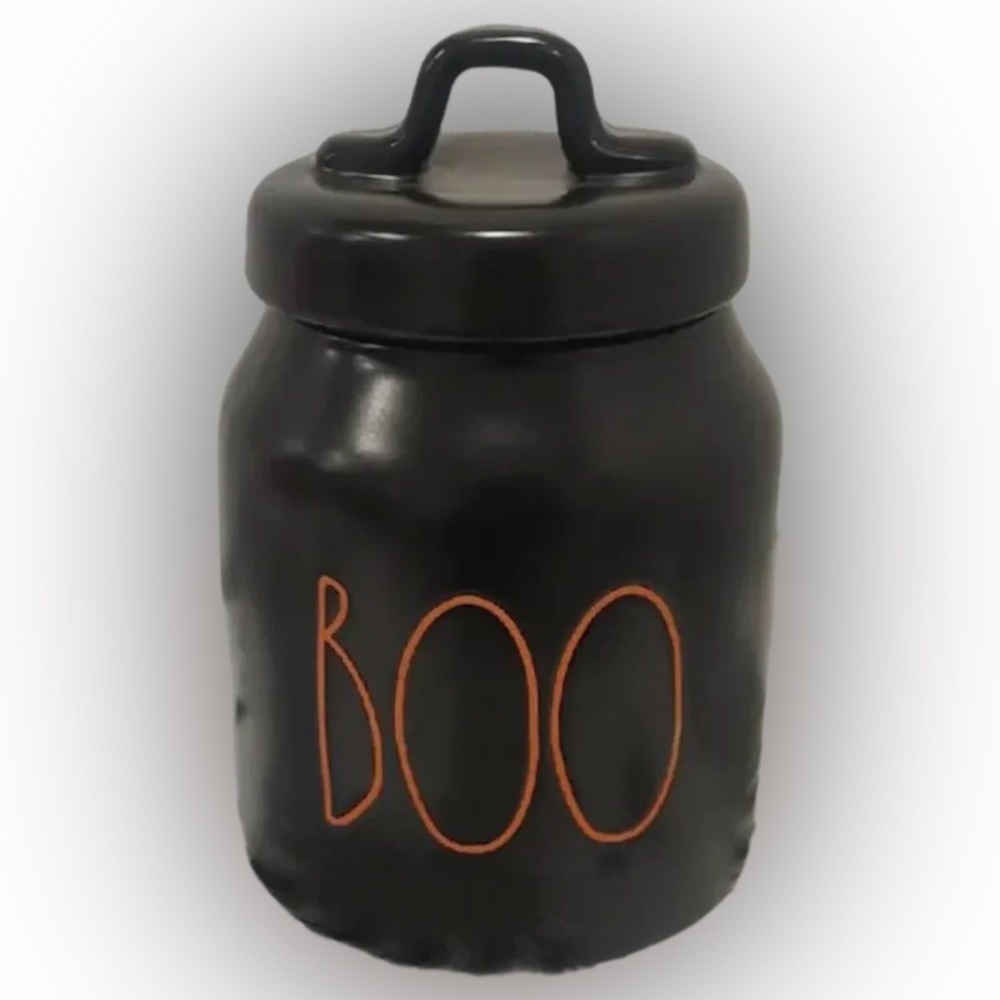 Rae Dunn Black Jar with Orange 'BOO'